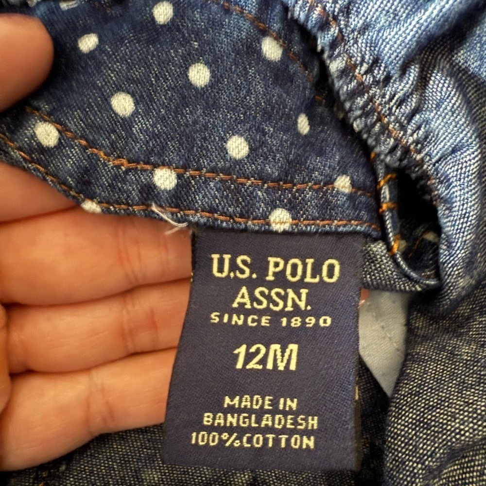 U.S. Polo Girls 12 months Polka Dot Bib Overall Dress Ruffle Hem Dark Wash Denim - Picture 7 of 10